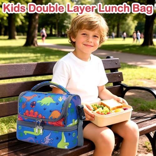 FlowFly Kids Double Decker Cooler Insulated Lunch Bag Large Tote for Boys, Girls, Men, Women, With Adjustable Strap, Dinosaur - color: Dinosaur