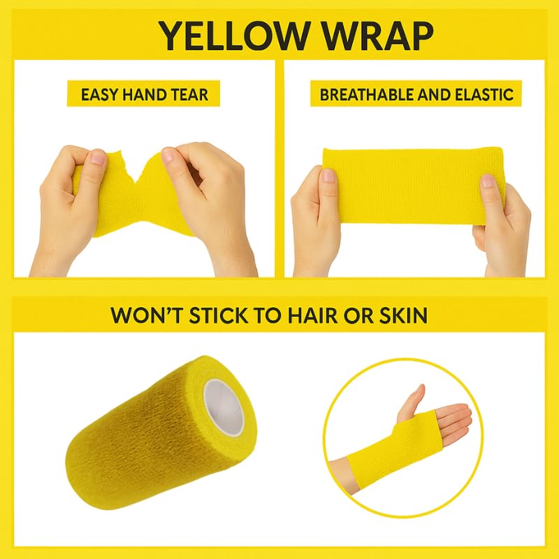 4" Cohesive Flexible Bandage Wrap – Yellow - 8 Pack | Self-Adherent Vet Tape for Animal Use | Breathable, Easy Tear, No Clips Required | Ideal for Horses, Dogs, Livestock, Pets - color: Yellow