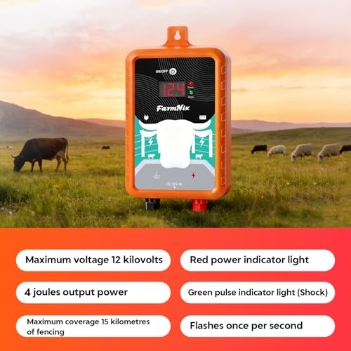 15Miles Electric Fence Charger with ON/Off Switch, 4J Energy Output 12KV Voltage,AC DC Electric Fence Charger with LED Display for Preventing Wild Animals Intruding Great for Gardens,Poultry