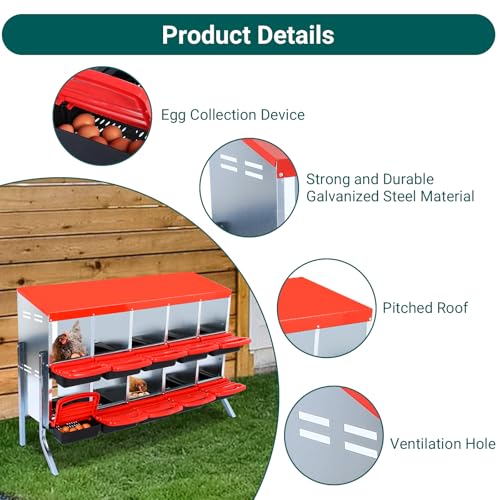 Chicken Nesting Box, 10-Hole Wall Mount Metal Chicken Nesting Box with Rollout Egg Collection & Easy-Clean Pull Out Tray, Roll Away Hen Roosting Boxes