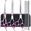 Gimars Dog Grooming Scissors Kit Professional 4CR with Safety Round Tip, 5 in 1 Heavy Duty Titanium Coated Thinning & Curved & Straight Shears - style: Pink 5 in 1