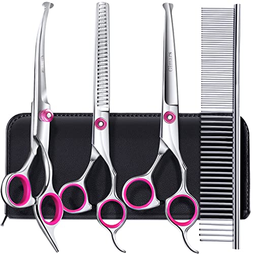 Gimars Dog Grooming Scissors Kit Professional 4CR with Safety Round Tip, 5 in 1 Heavy Duty Titanium Coated Thinning & Curved & Straight Shears - style: Pink 5 in 1