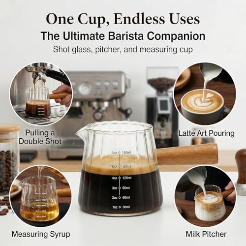 6 oz Espresso Cups With Wood Handle, Espresso Accessories, Ribbed Milk Frothing Pitcher, Glass Measuring Cup, Shot Glass with V-Shaped Mouth, Coffee Bar Epresso Shots Cup