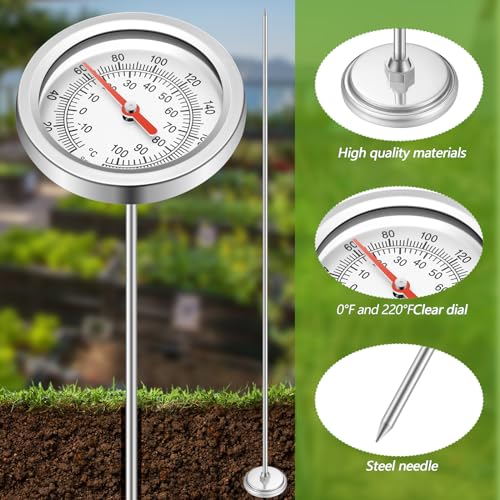 Tellegloww Compost Thermometer 39.4 Inch Stem Composting Soil Thermometer Waterproof Soil Temperature Thermometer, Fahrenheit and Celsius, Stainless Steel, with Composting Temperature Guide