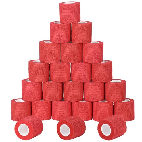 24Pcs Self Adherent Cohesive Bandages Wrap Self Adhesive 2 inch Red | Self Adherent Bandages Wrap First Aid Self Adhesive Bandage Elastic Sports Athletic Tape Wrist Ankle Pet Vet Wrap Grip Cover - color: Red, size: 24Pcs
