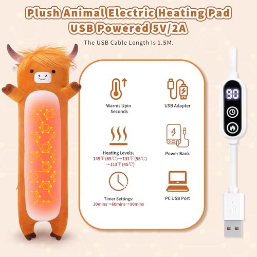 Highland Cow Plush USB Heating Pad for Period Cramps Menstrual | 20” Cute Highland Cow Stuffed Animals, Portable Indoor Outdoor Use, Electric Plush Heated Pad for Women Mom Teen Girls Gifts - color: Brown Highland Cow Heated Pad