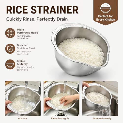 Palksky Rice Strainer & Rice Washing Bowl Stainless Steel - 5.6 Qt Professional Fine Mesh Rice Washer for Kitchen - Heavy Duty Rice Rinser, Cleaner & Drainer Colander for Quinoa, Grains & Fruit - color: 5.6 Qt Rice Strainer
