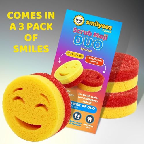 Smilyeez Scrub Moji Duo Scrubbing Sponge (Set of 3) Dual-Sided Scrub Sponges Multipurpose Sponge Scratch-Free Stain and Odor Resistant - color: Orange - Duo