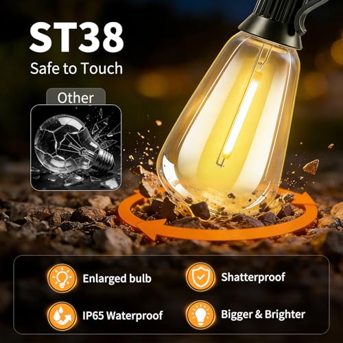 Solar Lights Outdoor 33FT, Dimmable Remote Control Patio Lights | Waterproof Solar Light with 11 ST38 Shatterproof Bulbs, Solar Powered & USB Charging, 3 Light Modes, Camping Backyard Garden - size: 10M-33FT