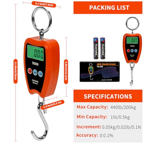 440lb/200kg Digital Crane Scale - Compact LCD Handheld Hanging Scale for Garage, Farm, Hunting, Fishing & More(200kg/Plastic/Orange) - color: 200kg/Plastic Shell/Orange
