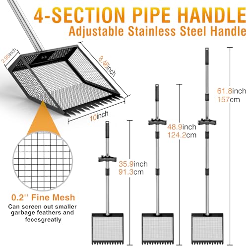 Large Chicken Poop Scooper: 2-in-1 Metal Pooper Scooper & Rake Adjustable 62" Long Handle Stainless Steel Sand Sifting Litter Shovel Chicken Coop Scoop Cleaning for Bedding Goats Farm Yard Black - color: Black