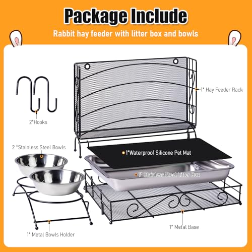 3 In1 Rabbit Hay Feeder with Litter Box Metal Bunny Feeder | Bunny Litter Box, Hay Feeding with Water Food Bowls, Litter Box For Guinea Pig Rabbit Chinchillas Small Animals
