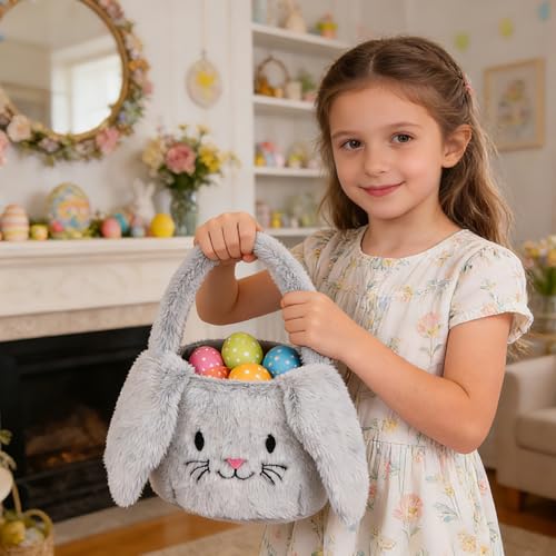PRATIQUE Foldable Plush Easter Basket with Bunny Ears for Kids, Easter Egg Hunt Bucket with Handle, Cute Storage Bin for Candy, Toys & Gifts(Gery) - color: Gery