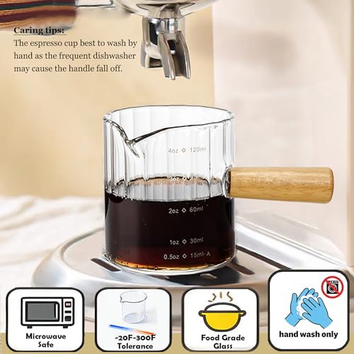 Espresso Cups Set of 2, 4 OZ Espresso Shot Glasses with Wood Handle, Clear | V-Shaped Spouts, Ribbed Milk Frothing Pitcher, Small Glass Measuring Cup, Demitasse Cups, Coffee Espresso Accessories - color: Clear