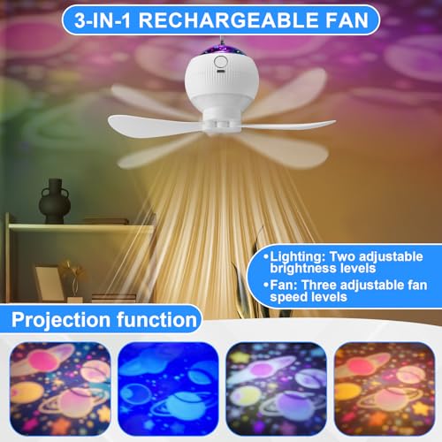 1 Set Solar Powered Ceiling Fan with Light for Camping Rechargeable 10'' Small USB Portable Hanging Fan with Star Projection 10w Solar Panel, 3 Speeds for Tent Rv Bed Gazebo Greenhouse