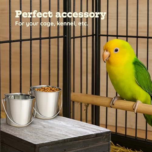 Flat Sided Stainless Steel Hanging Bucket, 1 Quart (0.25 Gallon), 2 Pack, Heavy Duty Kennel Cage Food & Water Pail for Small Dogs, Cats, Birds & Pets, Durable, Easy to Clean Feeder - size: 1 Quart (Pack of 2)