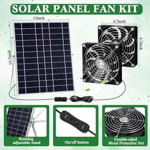 Glooglitter 20w Solar Powered Fan Kit for Chicken Coop IP67 Waterproof Dual Solar Greenhouse Fan 3500 RPM High Speed Exhaust Fan with 10ft Cable for Shed Pet House Window Outside Inside(1 Set)