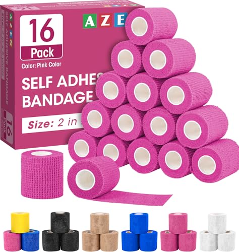 AZEN 16 Pack Self Adhesive Bandage Wrap Pink, 2" X 5 Yards Elastic Cohesive Bandage Wrap, Athletic Tape, Vet Wrap, Ankle Tape, Tattoo Grip Tape Wrap (Pink) - color: Pink, size: 2IN - 16Pack