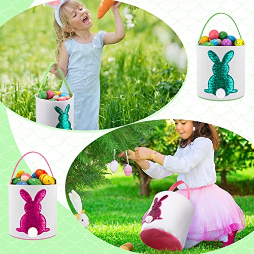 4 Pcs Easter Basket Bags Canvas Bunny Basket Egg Bag Bunny Tote Bag Easter Eggs Hunt Bucket Rabbit Fluffy Tails Party Celebrate Toys Carry Candy Egg Bucket Rabbit Print Buckets for Gift Sets - style: Paillette Bunny