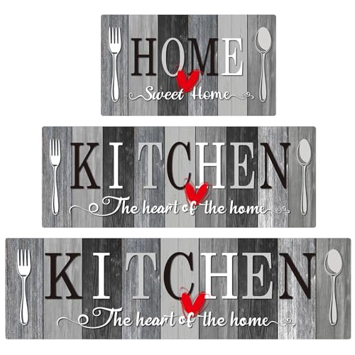 Kitchen Rugs Set 3 Piece, Non Slip Kitchen Mats for Floor, Soft Fabric with Rubber Backing, Farmhouse Anti Fatigue Runners Carpet for Home Kitchen Laundry Room Hallway (Rustic Grey & Black) - color: Rustic Grey & Black