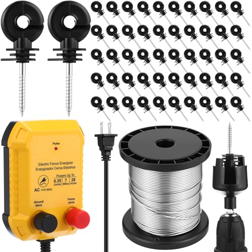 Electric Fence Charger Kit 0.35 J 7 Mile 50 Insulators 250ft Wire | 110V AC Range for Chickens Pets Poultry, Kit with Socket Tool, Aluminum Wire for Farm Pond Protection Plug in Garden - style: 0.35 Joule