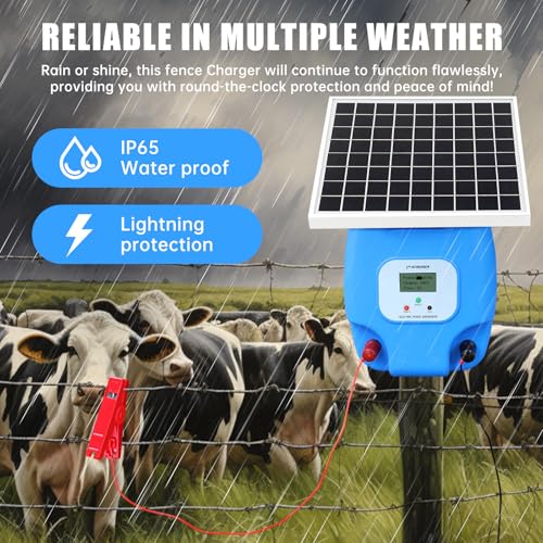 Solar Electric Fence Charger, 1.5 Joules Energizer with LCD Display, 8000 mAh Lithium Battery & 10W Solar Panel - Ideal for Livestock, Pet, Poultry, Gardens, Orchards Protection, 5-Mile Range
