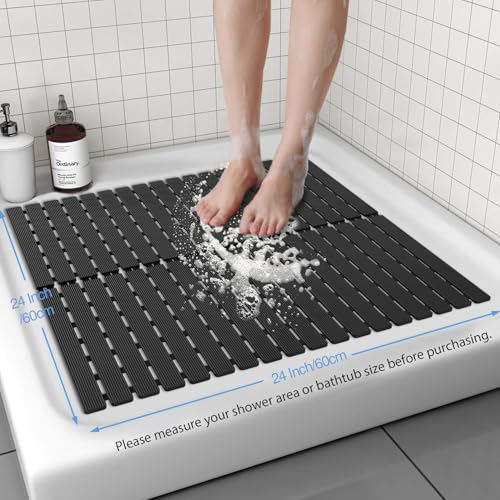 Shower Mat Non-Slip Bath Mat for Tub and Shower Stall,236 Suction Cups with Drain Holes, Quick Dry Machine Washable, Extra Grip for Stand Up Showers, Bathroom Essentials 24x24 Inch(Black) - color: Black
