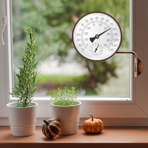 4 Inch Brass Outdoor Thermometer & Humidity Gauge, Analog Dial | Weatherproof Window Thermometer Hygrometer, °F/°C Dual Scale Battery Free, Adjustable Swivel Bracket for Patio, Greenhouse