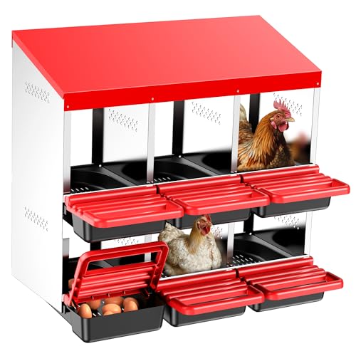 ZenxyHoC Two-Tier Chicken Nesting Box Red 6 Compartments | Metal Egg Laying Box with Rollout Egg Collection & Swing Perch for Backyard Chicken - size: 6 Compartments