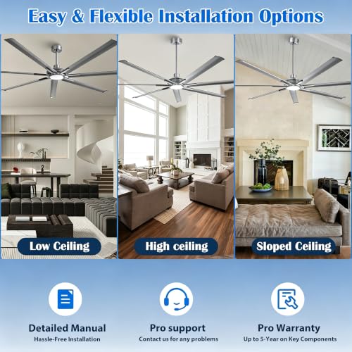 100" HVLS Ceiling Fan with Light/Remote, Large Rooms, Nickel | High-Volume Air Circulation Large Open-Space 24W 3CCT Dimmable LED Aluminum Blades Reversible High Ceiling - color: Sliver, size: 100-inch
