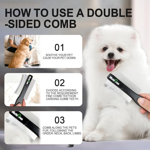 2-in-1 Dog Dematting&Deshedding Comb with Wooden Handle | Double-Sided Fine Tooth Metal Flea Comb for Dogs&Cats,Stainless Steel Deshedding Blade,Remove Loose Hair Tangles Dirt Fleas