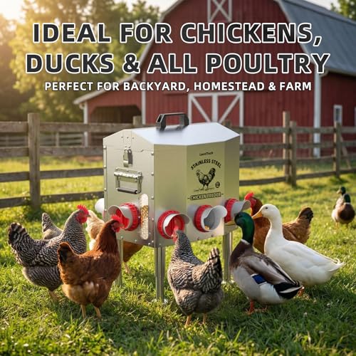 Large Automatic Chicken Feeder, 55 lb Capacity, 8 Feeding Ports, Upgraded Stainless Steel Poultry Feeder, No-Waste Design, Adjustable Legs & Lockable Lid for Coop, Ducks & Turkeys