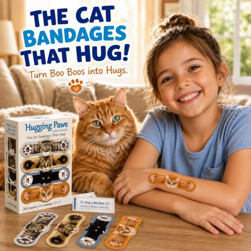 Hugging Paws – Cat Themed Bandages from Hug-a-BooBoo, The Friendly Kitty Bandages that Hug! Beautiful Wound Coverings Feature Paintings of Actual Rescue Cats! Great Cat Lover Gift! 24 Count Box - size: 24ct, style: Cats
