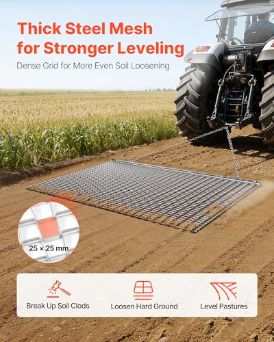 VEVOR Drag Harrow, 6 x 3 ft, High-Efficiency Chain Harrow Rake, ATVs UTVs Tractors Attachments, Durable Galvanized Steel Mesh Drag Mat with Towing Chain, for Gravel Driveway Ruts Farm Field Leveling - size: 72.05 x 35.98 x 0.39 inch