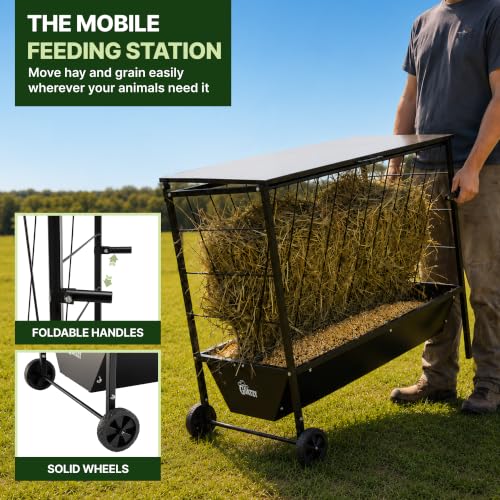 Large Hay Feeder for Goats with Roof, Wheels and Handles, Covered 2-in-1 Galvanized Steel Goat Hay Feeder Trough, 50 Gallon Rack and 20 Gallon Grain for Horse Sheep Cattle Alpacas Livestock