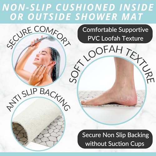 Enkosi Loofah Non-Slip Shower Mat - Shower Floors, Bathtub, Bathrooms, Wet Areas - Cushioned Bath Mat with Drain Holes - Quick Dry PVC, Secure Safety Pad Without Suction Cups (32x24 Pebble) - color: Pebble, size: 32" x 24" (Rectangular)