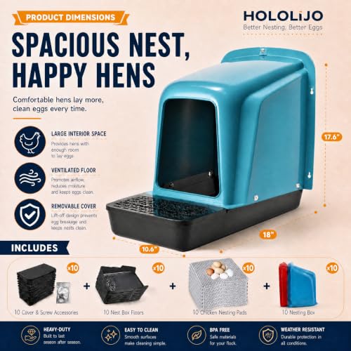 10 Pack Large Roll Away Chicken Nesting Boxes & 10 Washable Pads | Large Roll Away Design for Easy Egg Collection; Protective Perch Helps Prevent Egg Pecking; 10 Washable Nesting Pads