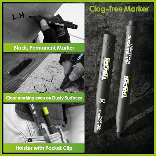 Tracer Construction Pencil Kit - Carpenter Pencils w/Markers - 5pc Set | 5-piece carpenter pencil set with deep hole marking pens, heavy-duty clog-free marker, 2.8mm leads, and magnetic case - style: 5pc Set