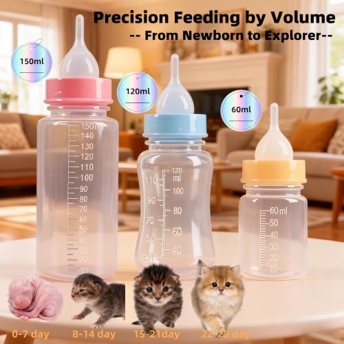 Pet Feeding Bottle Set,Puppy Kitten Nursing Bottle Anti-Choking Feeder-5.07oz/4.06oz/ 2.03oz,and 3 Pcs Replaceable Silicone Nipples for All Newborn Pets -Kitten, Puppy, Rabbit