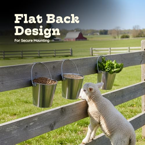 Flat Side Stainless Steel Bucket 6 Quart Hanging Feeding Utility Pail for XL Dog Goat Sheep Livestock, Fits Kennel Cage Crate Farm, Heavy Duty Food & Water Feeder, 1.5 Gallon Silver 2Pack - size: 6 Quart (Pack of 2)