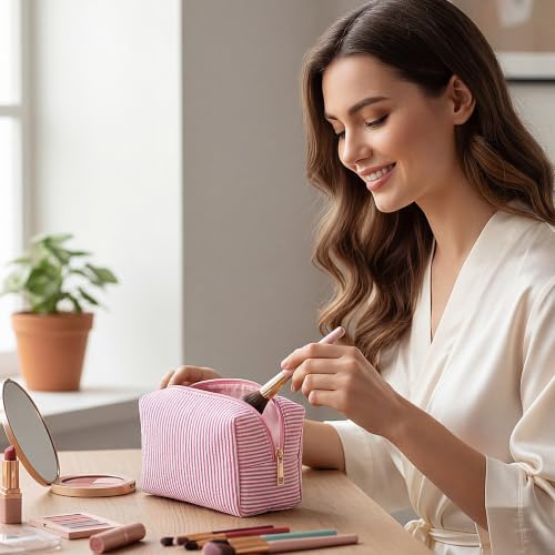 Sanwuta 20 Pcs Seersucker Cosmetic Bags Bulk, Striped Zippered,Pink | Makeup Bags Women Pouch, Large Preppy Storage Toiletry Travel Pouch for Wedding Bridesmaid Bride Favor Back to Teacher Gift - color: Pink