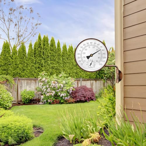 4 Inch Brass Outdoor Thermometer & Humidity Gauge, Analog Dial | Weatherproof Window Thermometer Hygrometer, °F/°C Dual Scale Battery Free, Adjustable Swivel Bracket for Patio, Greenhouse