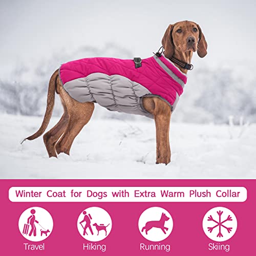 Dog Coat for Large Dogs, Fleece Dog Winter Jacket with Harness | Puppy Cold Weather Coats Reflective Pet Puffer Vest with Zipper Water-Resistant Warm Dogs Snowsuit Windproof Rose Pink XL - color: Rose Red, size: XL(chest:30in）