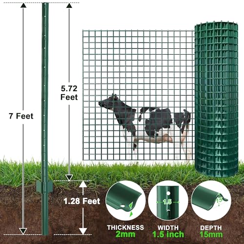 Fence Post 7 Feet / 84 Inch, Pack of 10, Heavy Duty Metal Fence Posts, No Dig U Post with U-Channel, Adjustable Tabs & Anchor Plate, Rust-Proof Steel Fence Stakes for Garden, Farm, Lawn, Poultry - size: 7 Feet