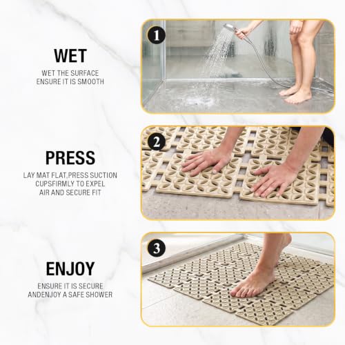 HITSLAM Shower Mat Anti Slip, 24x24 Inch Cut to Fit No Odor Soft TPE Shower Stall Mat, Square Bath Mat with Suction Cups and Drain Holes, Soft on Feet, Khaki - color: Khaki