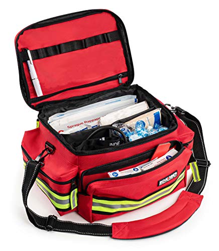 Scherber First Responder Fully-Stocked Professional Essentials EMT/EMS Trauma Kit | HSA/FSA Approved | Reflective Bag w/8 Zippered Pockets & Compartments & 200+ First Aid Supplies - Red - color: Red