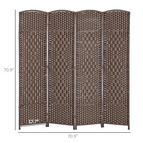 HOMCOM 4 Panel Room Divider 6 Ft Privacy Screen Hand-Woven Brown | Folding PP Wall Partition, Pine Wood Frame, Freestanding Room Separator, Bedroom Home Office, No Assembly - color: Brown, size: 4 Panel