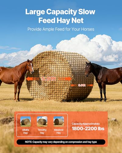 VEVOR Round Bale Hay Net, 5.91 x 5.91 x 5.91 ft, 1.65 inch Holes, PE Material, Knotless Design, with Zip Ties, Needle Shuttle, Repair Twine and Storage Bag, Slow Feeder Round Bale Net for Horses - size: 5.91 x 5.91 x 5.91 ft
