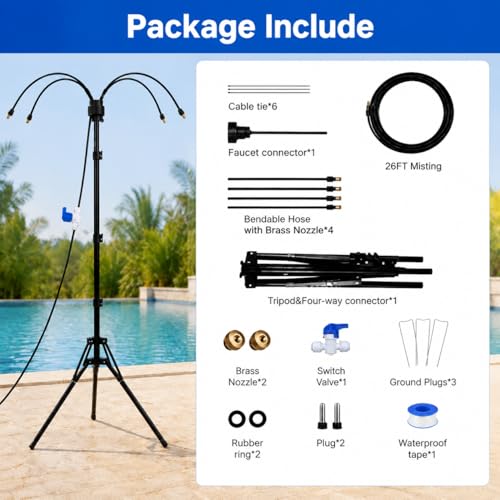 Standing Misters for Outside Patio, 5.3Ft Adjustable Misting System | Portable Mister with 26Ft Water Hose and Stable Tripod Base for Backyard Pool Garden Cooling
