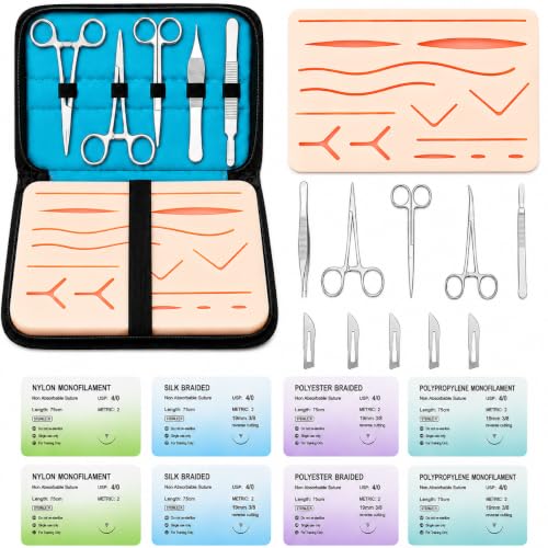 Suture Practice Kit for Medical & Vet Students –Suturing Kit with 3-Layer Silicone Suture Pad, 14 Pre-Cut Wounds, Sutures, Surgical Training Tools & Carry Case